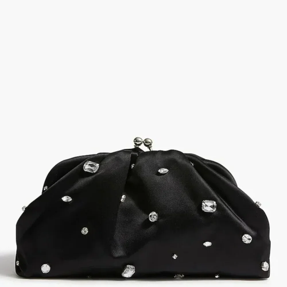 NWT J. Crew Factory Convertible Satin Clutch, Black with Crystal Accents